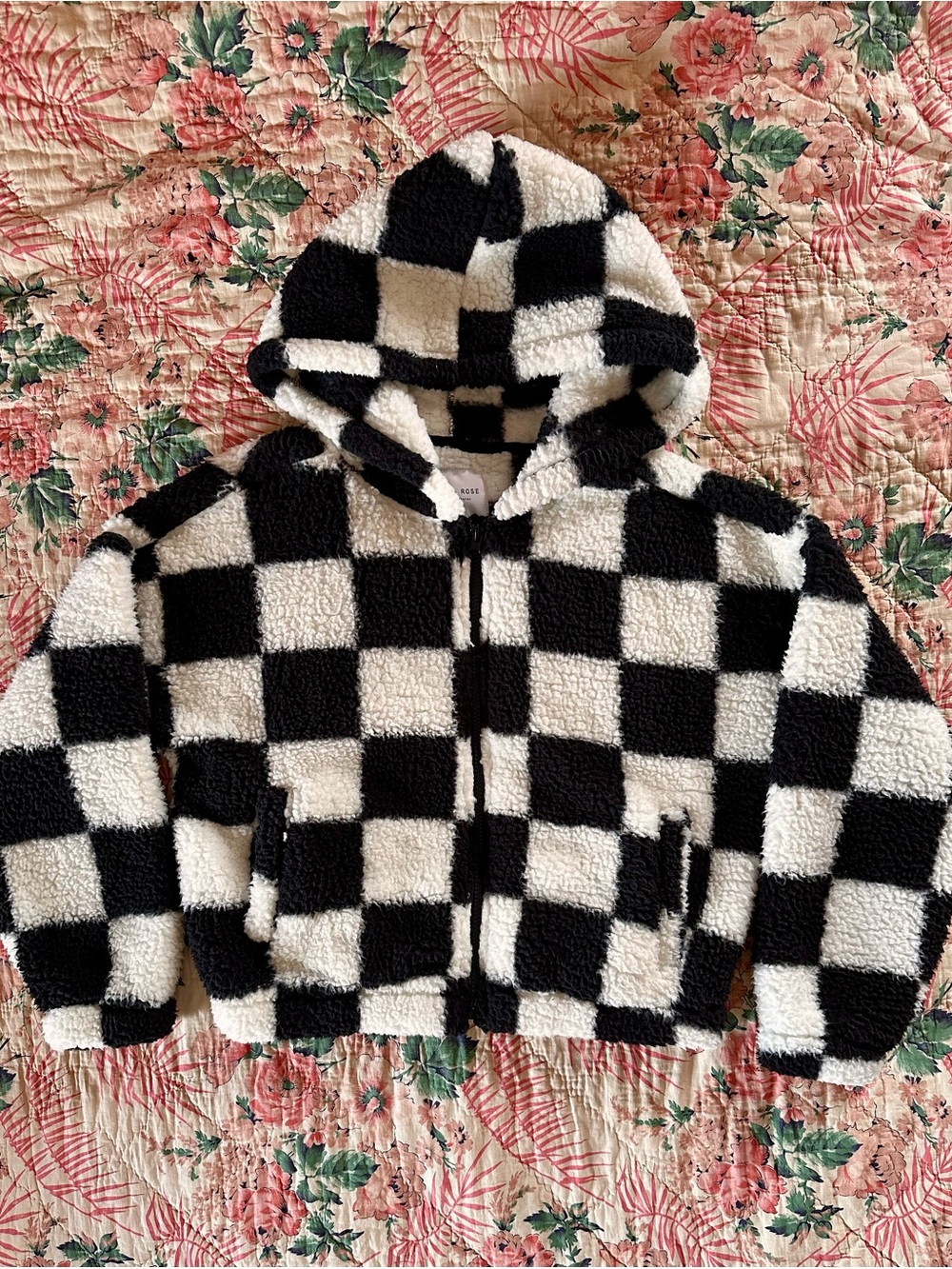 Wild Rose Checkerboard Sherpa Hoodie - Black & White